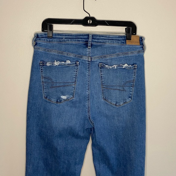 American Eagle Super Hi-Rise Flare Medium Wash Distressed Jeans, size 12 - Picture 5 of 11